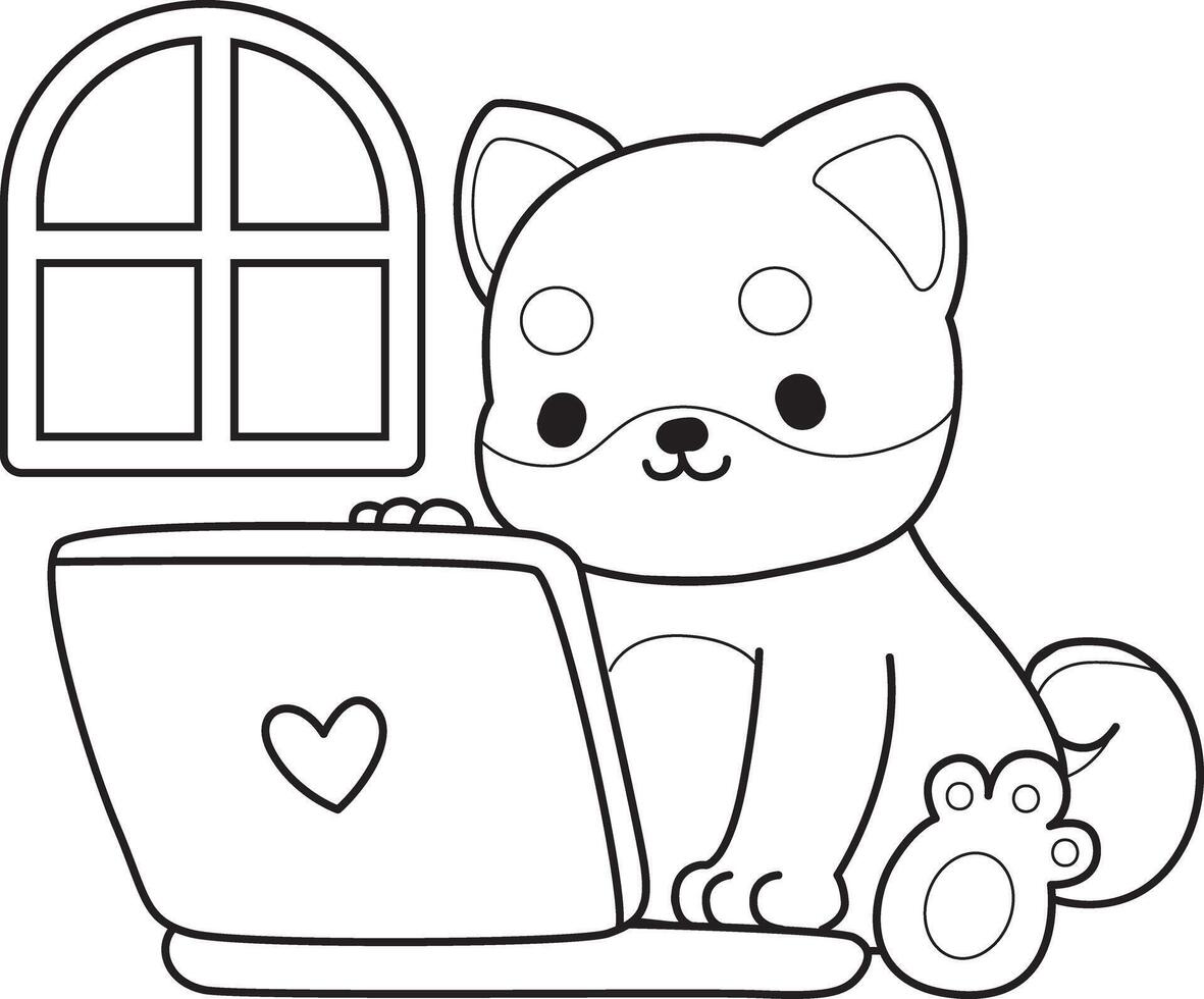 Outline of shiba inu working in the notepad. Coloring pages of cute shiba inu. vector