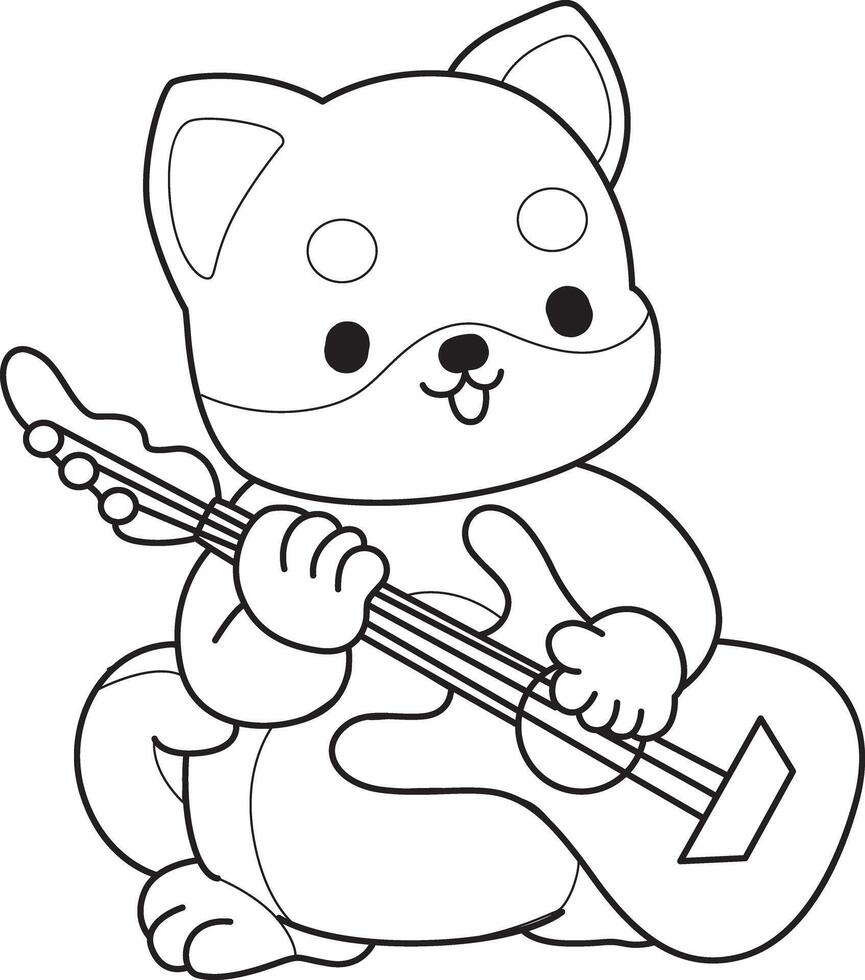 Outline of shiba inu playing a guitar. Coloring pages of cute shiba inu. vector