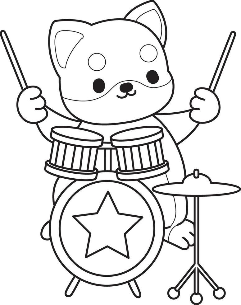 Outline of shiba inu playing a drum in the band. Coloring pages of cute shiba inu. vector