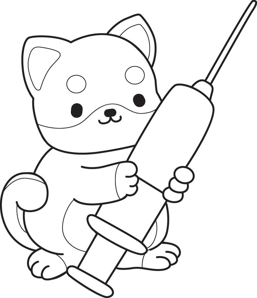 Outline of shiba inu bring a syringe. Coloring pages of cute shiba inu. vector