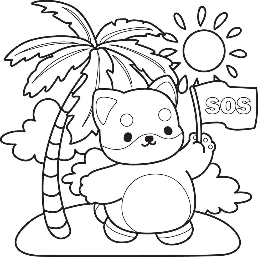 Outline of shiba inu bring a sos flag. Coloring pages of cute shiba inu. vector