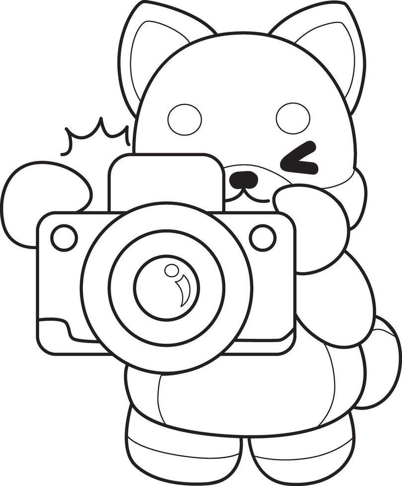 Outline of shiba inu click the camera. Coloring pages of cute shiba inu. vector