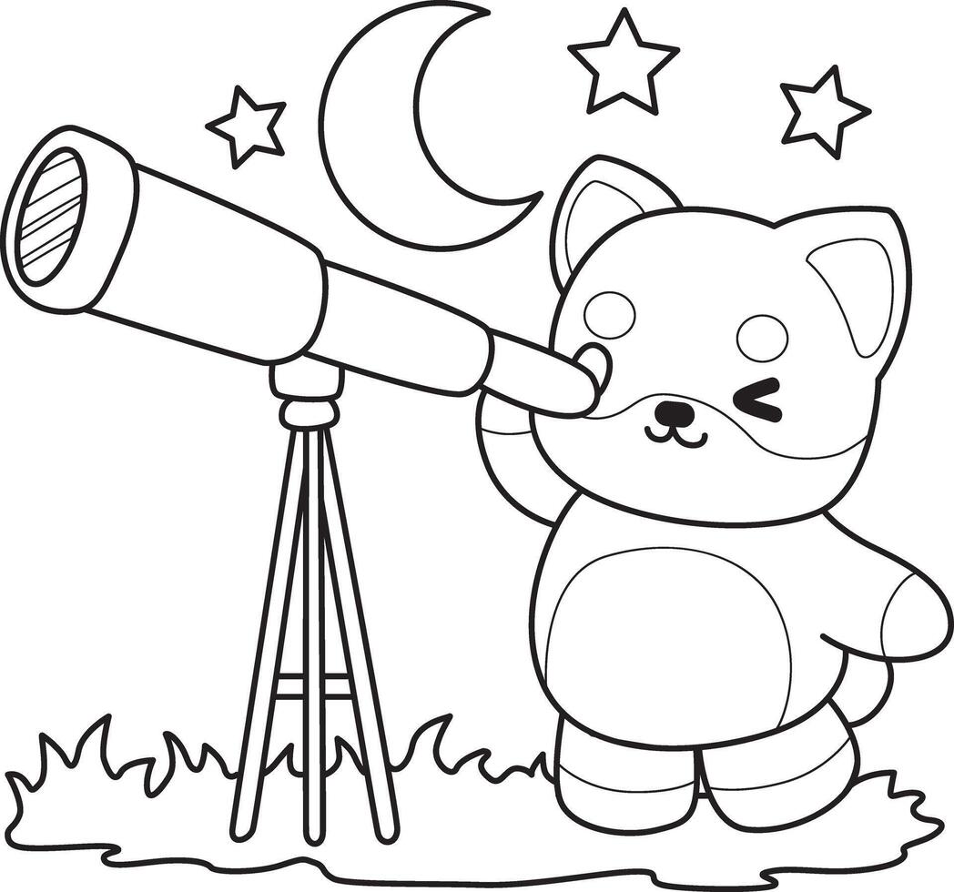 Outline of shiba inu see the sky with telescope. Coloring pages of cute shiba inu. vector