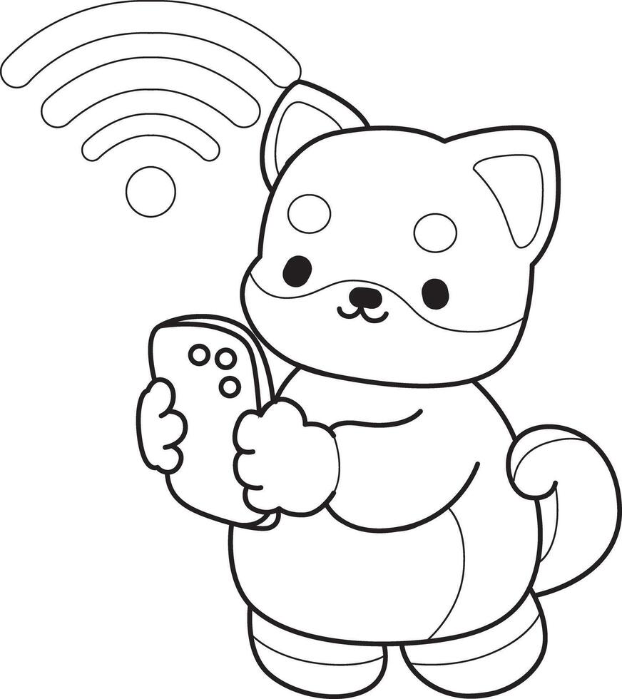 Outline of shiba inu bring a phone. Coloring pages of cute shiba inu. vector