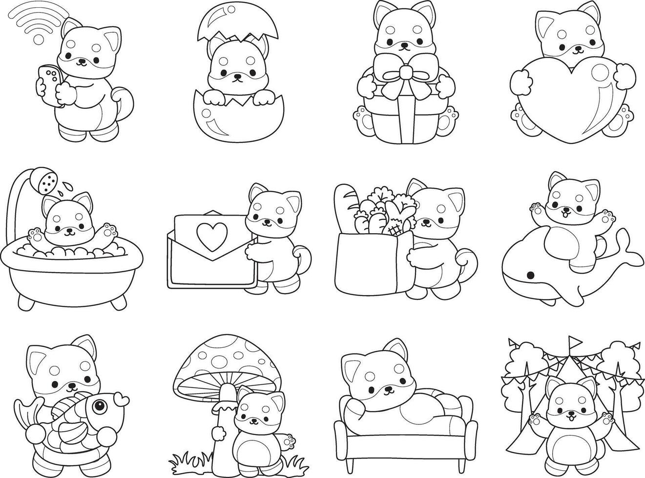 Outline of shiba inu in the variation of activity. Coloring pages of cute shiba inu. vector