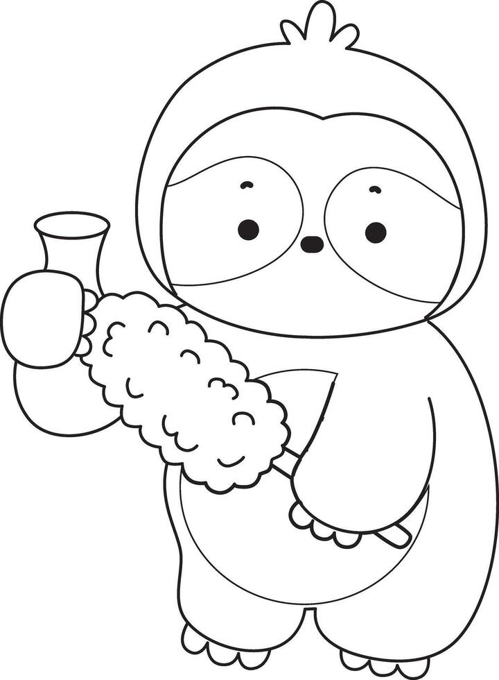 Outline of sloth cleaning the vase with feather duster. Coloring pages of cute sloth. vector