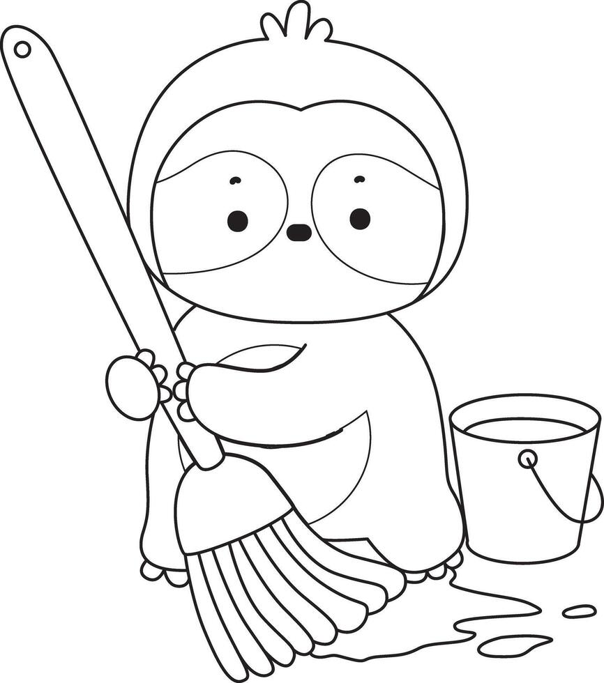 Outline of sloth cleaning the floor with mop. Coloring pages of cute sloth. vector