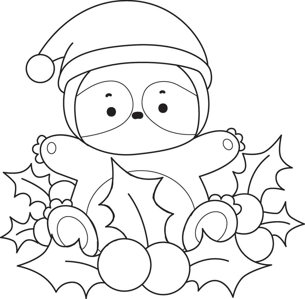 Outline of santa sloth in the middle of cherry plants. Coloring pages of cute sloth. vector