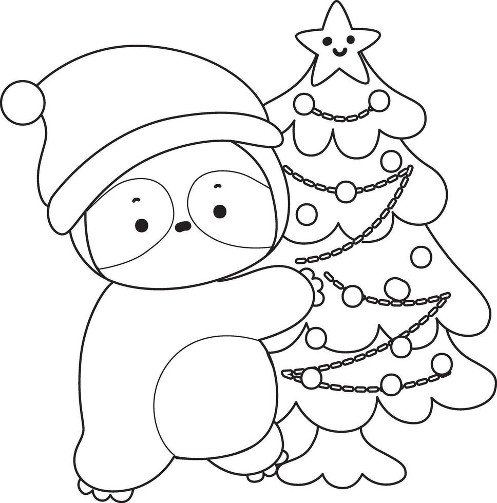 Outline of santa sloth bring a christmas tree. Coloring pages of cute sloth. vector