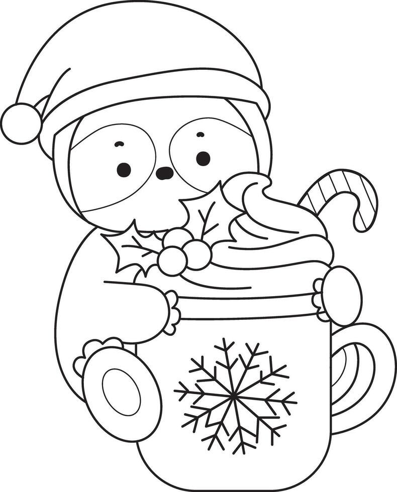 Outline of santa sloth bring a hot chocolate. Coloring pages of cute sloth. vector
