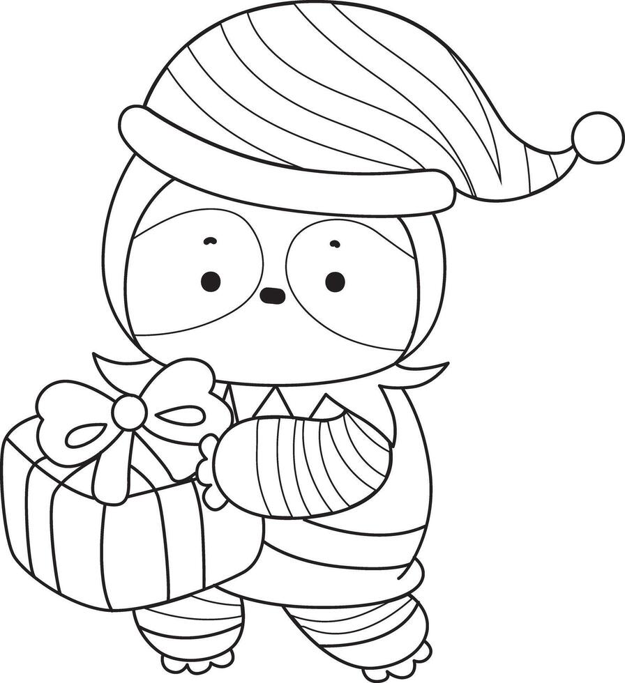 Outline of dwarf sloth bring a gift box. Coloring pages of cute sloth. vector