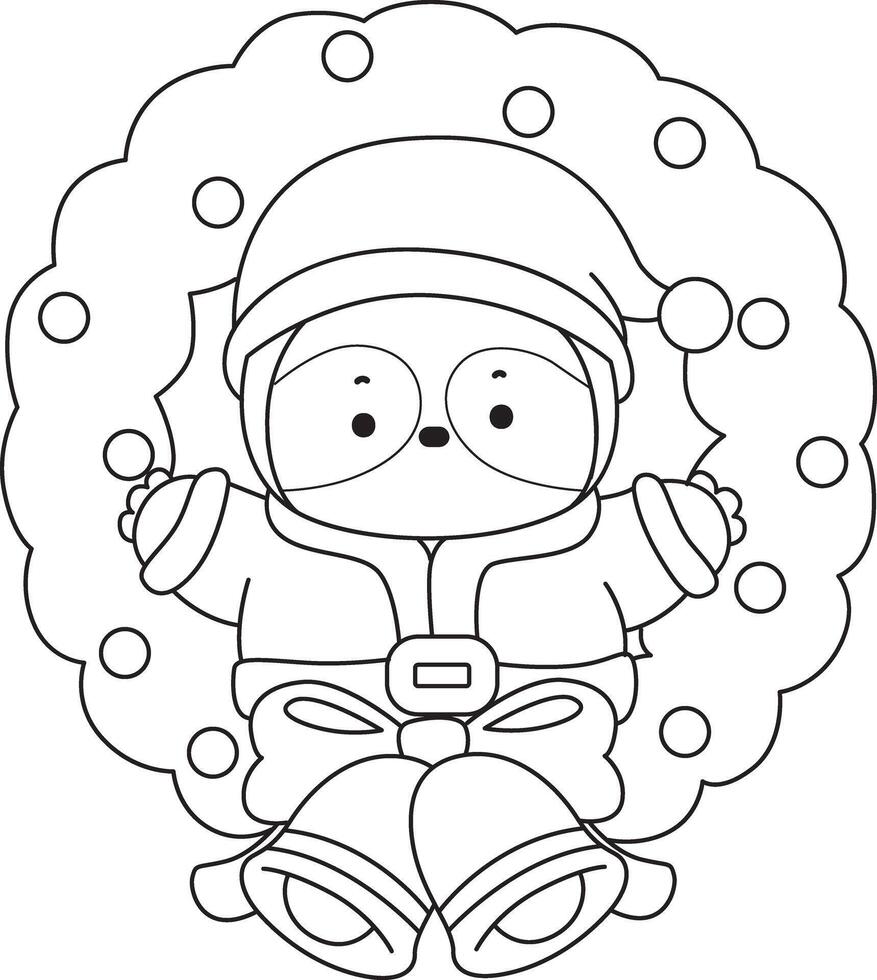Outline of santa sloth in the middle of door decoration. Coloring pages of cute sloth. vector