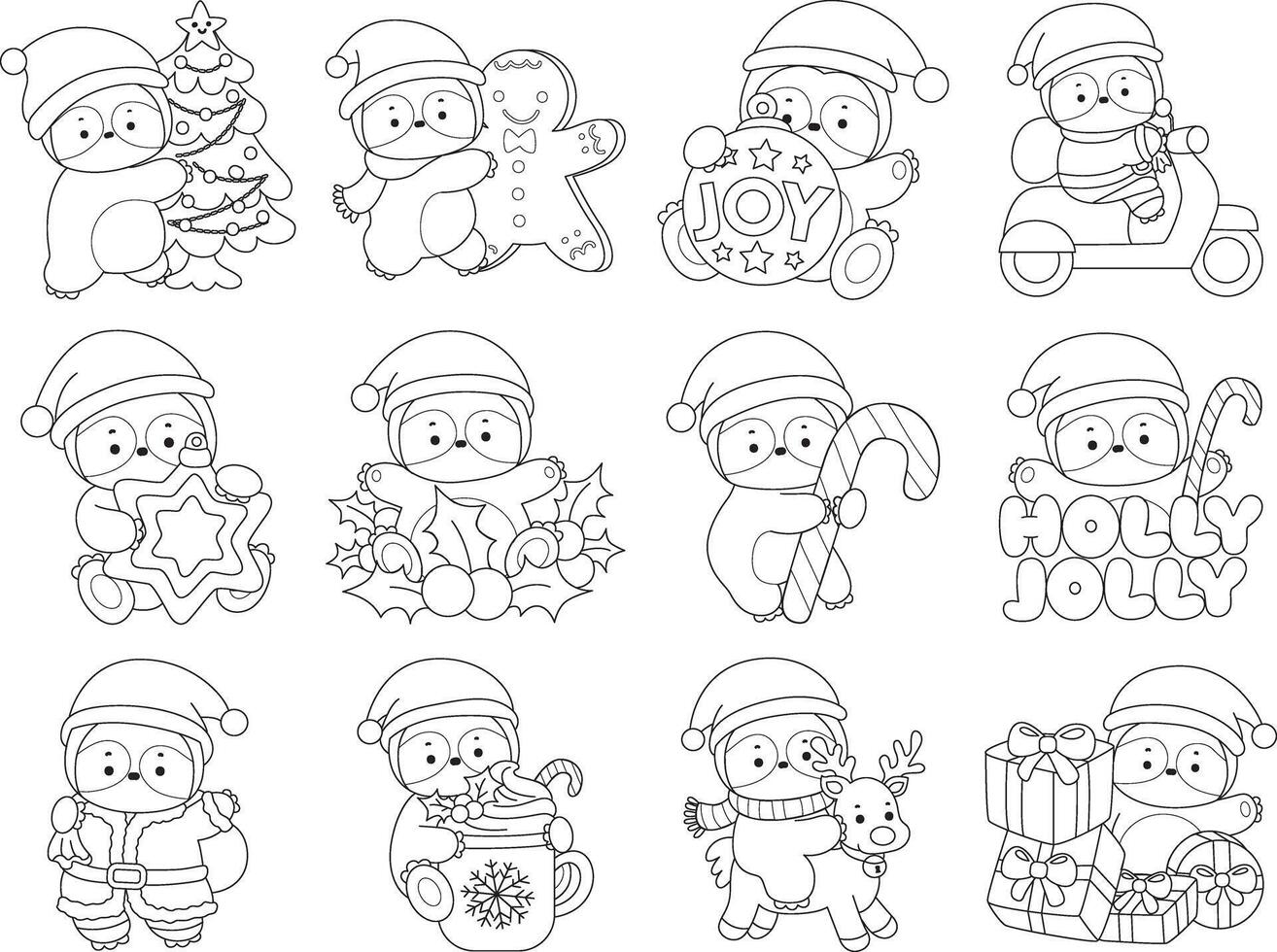 Outline of santa sloth in the variation of christmas party. Coloring pages of cute sloth. vector