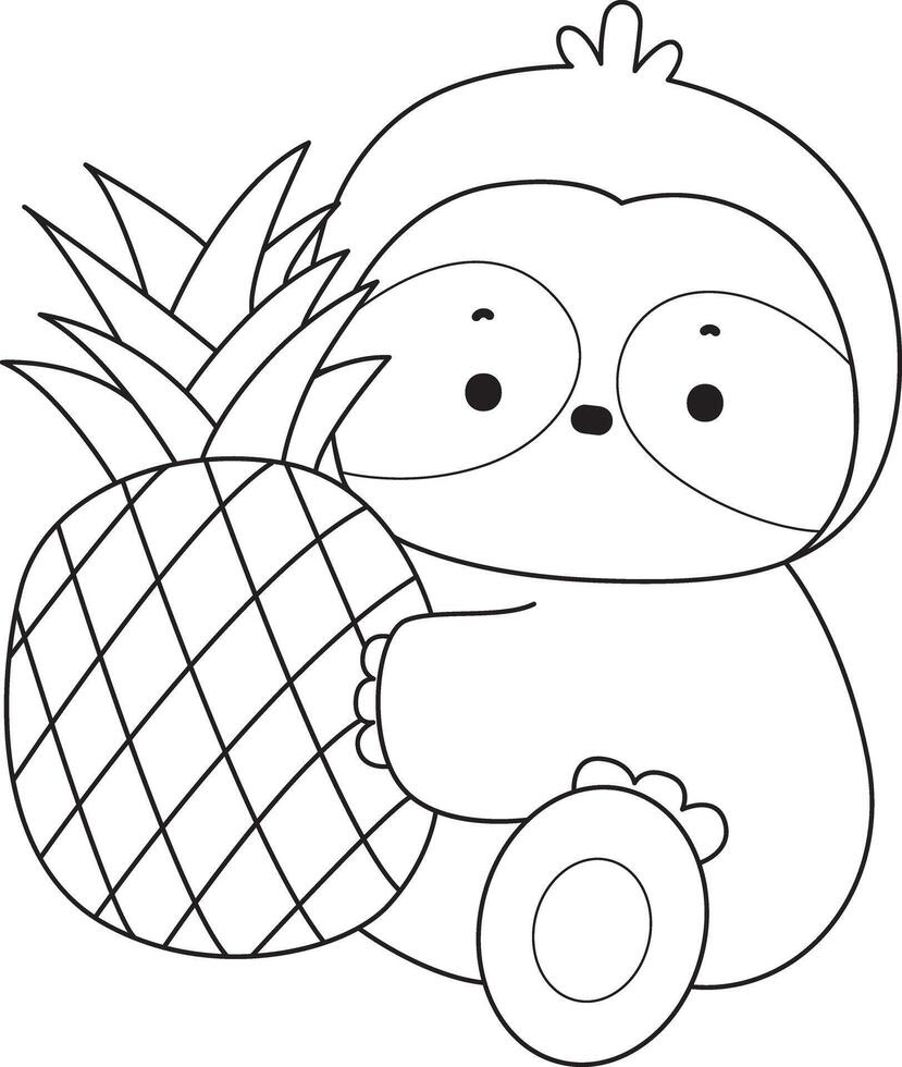 Outline of sloth bring a pineapple. Coloring pages of cute sloth. vector