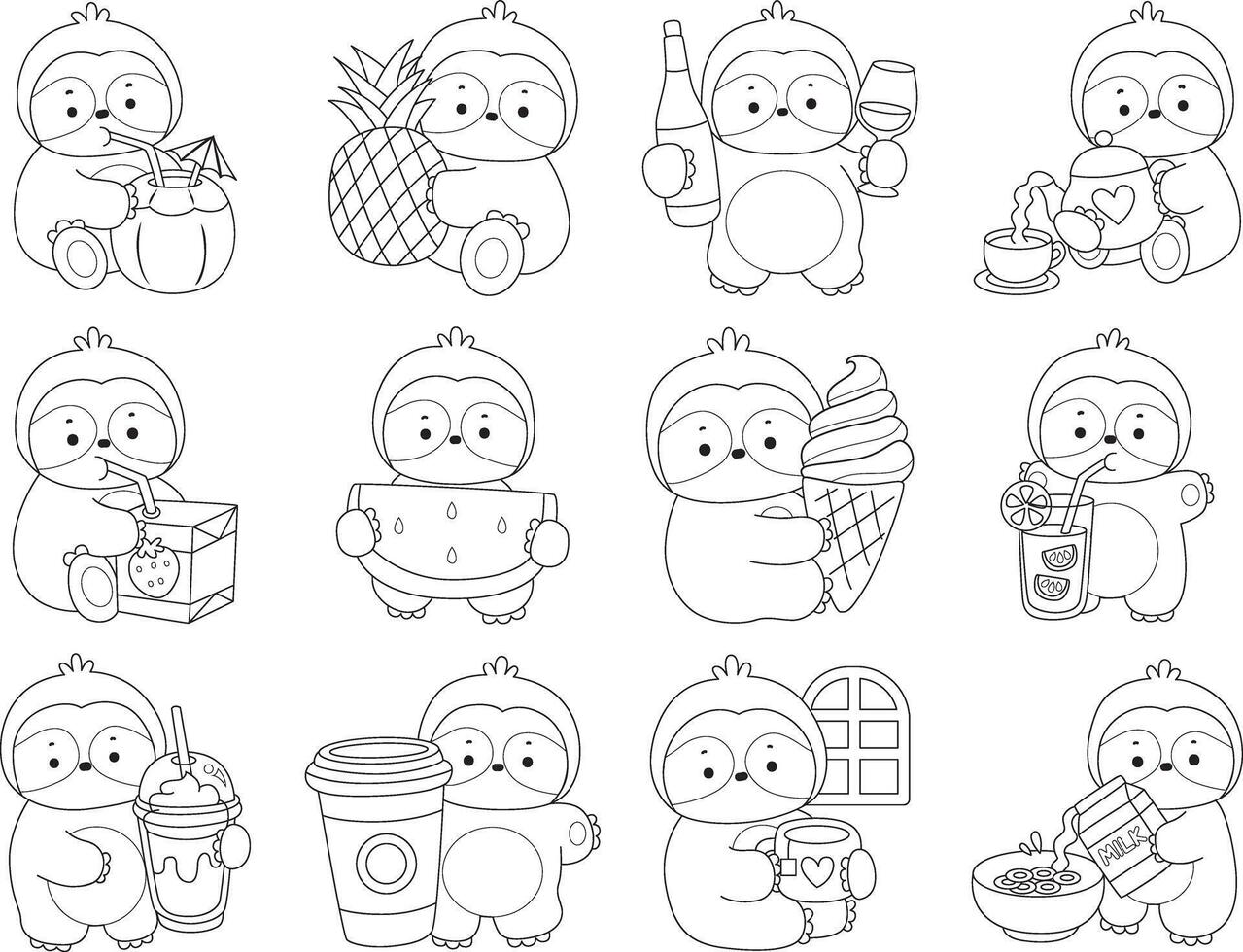 Outline of sloth in the variation of drink and beverage. Coloring pages of cute sloth. vector