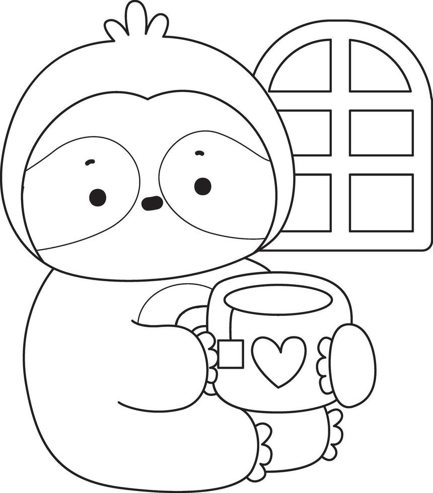 Outline of sloth enjoy with hot tea. Coloring pages of cute sloth. vector