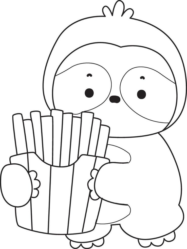 Outline of sloth bring a french fries. Coloring pages of cute sloth. vector