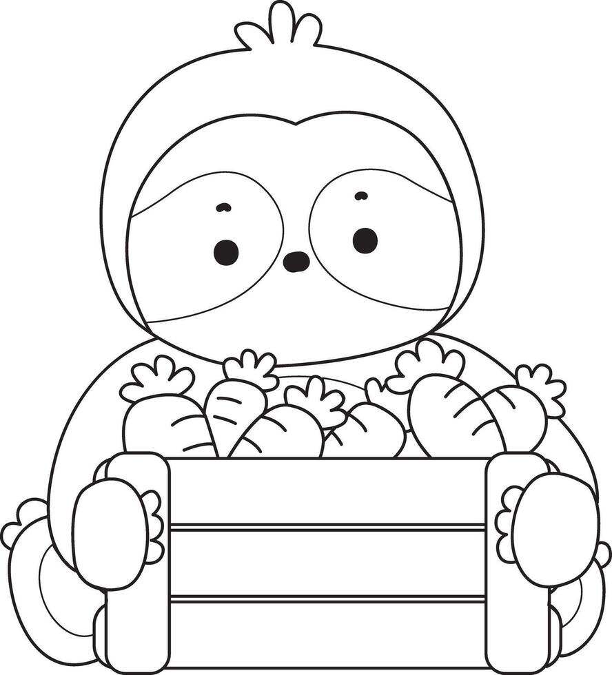 Outline of sloth bring a lot of carrot. Coloring pages of cute sloth. vector