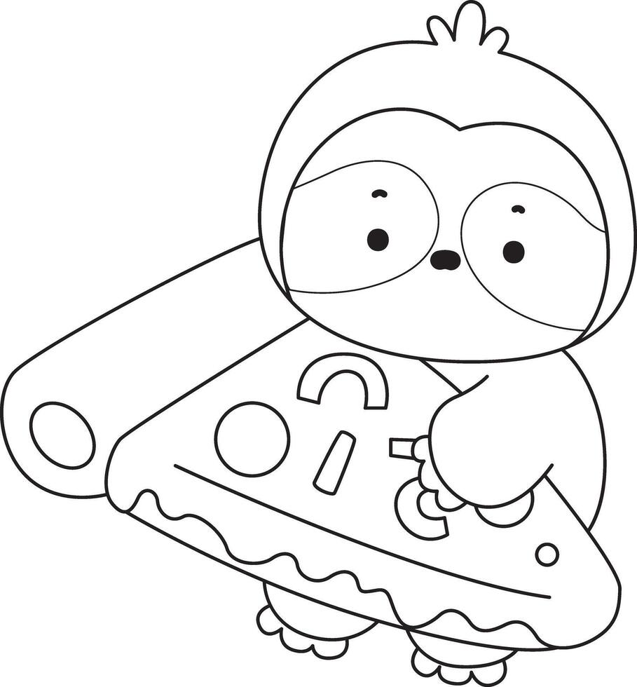 Outline of sloth bring a pizza. Coloring pages of cute sloth. vector