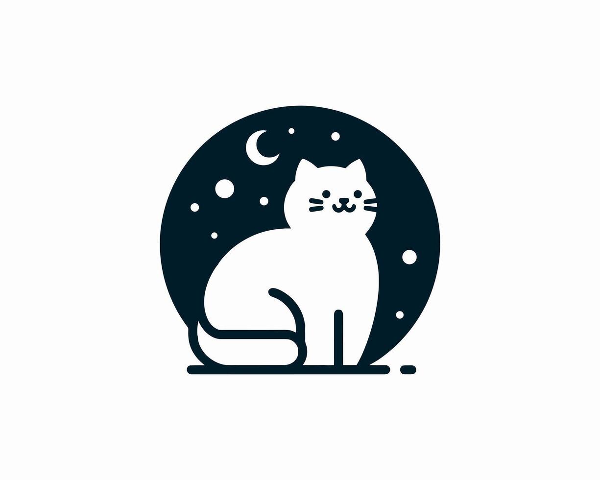 Whimsical cat silhouette illustration with moon and stars vector