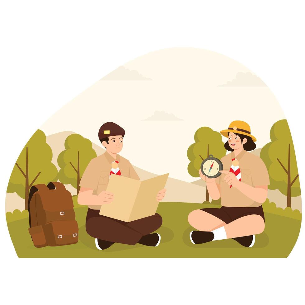 A scout boy reading a map while a scout girl uses a compass to navigate in the wild. vector