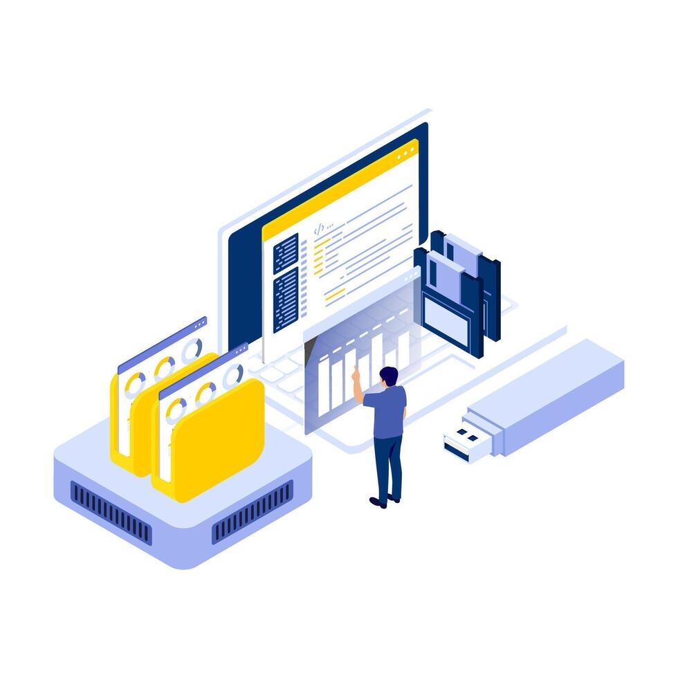 Person interacting with digital data management interface vector