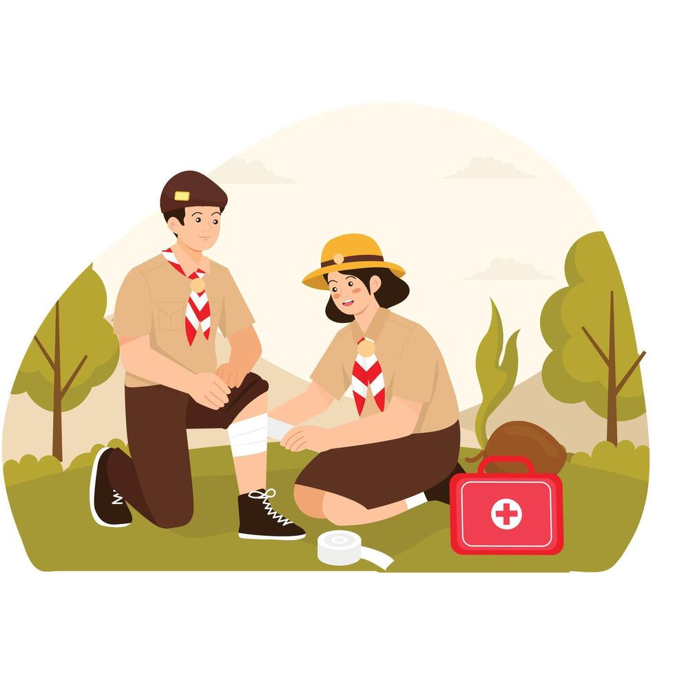 Scouts practicing first aid outdoors vector