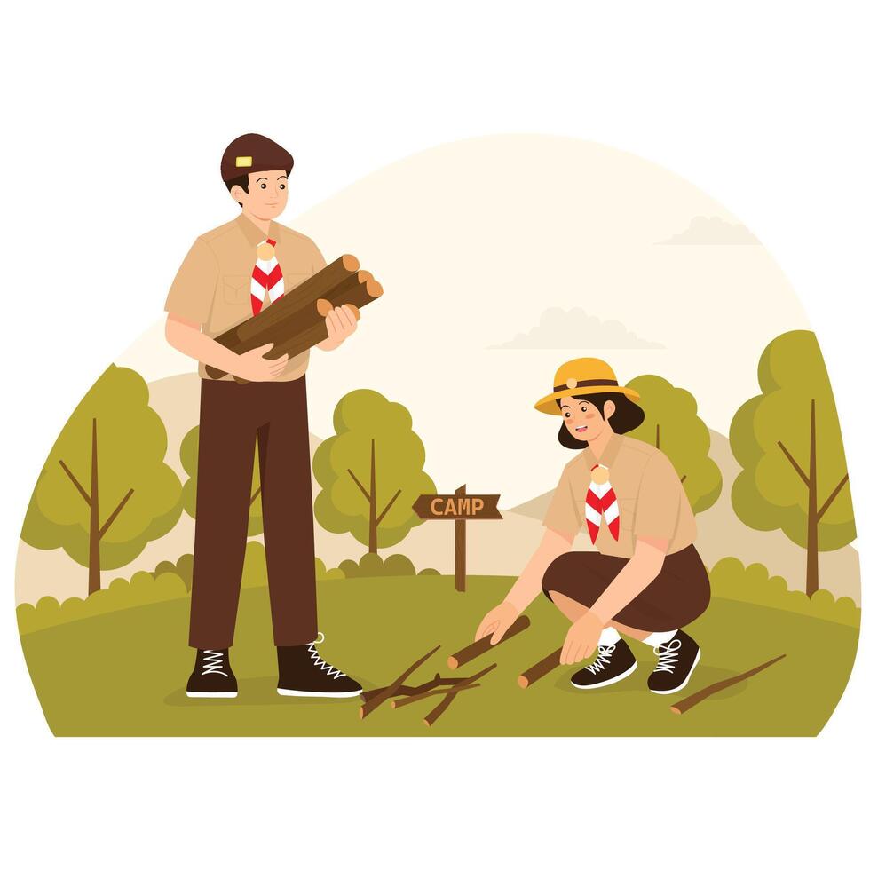 A scout boy and girl preparing firewood for a campfire during an outdoor camping activity. vector