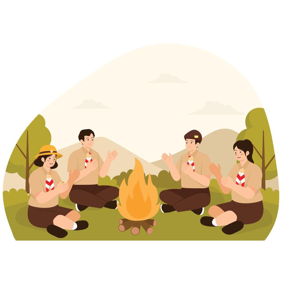 A group of young scouts sitting around a campfire, clapping and enjoying the evening at camp. vector
