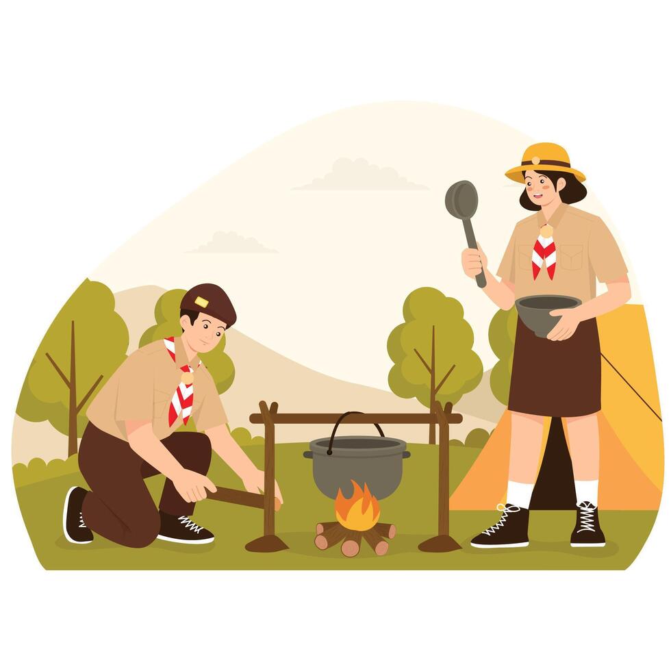 Two scouts prepare food over an open fire, cooking together during a camping trip in nature. vector