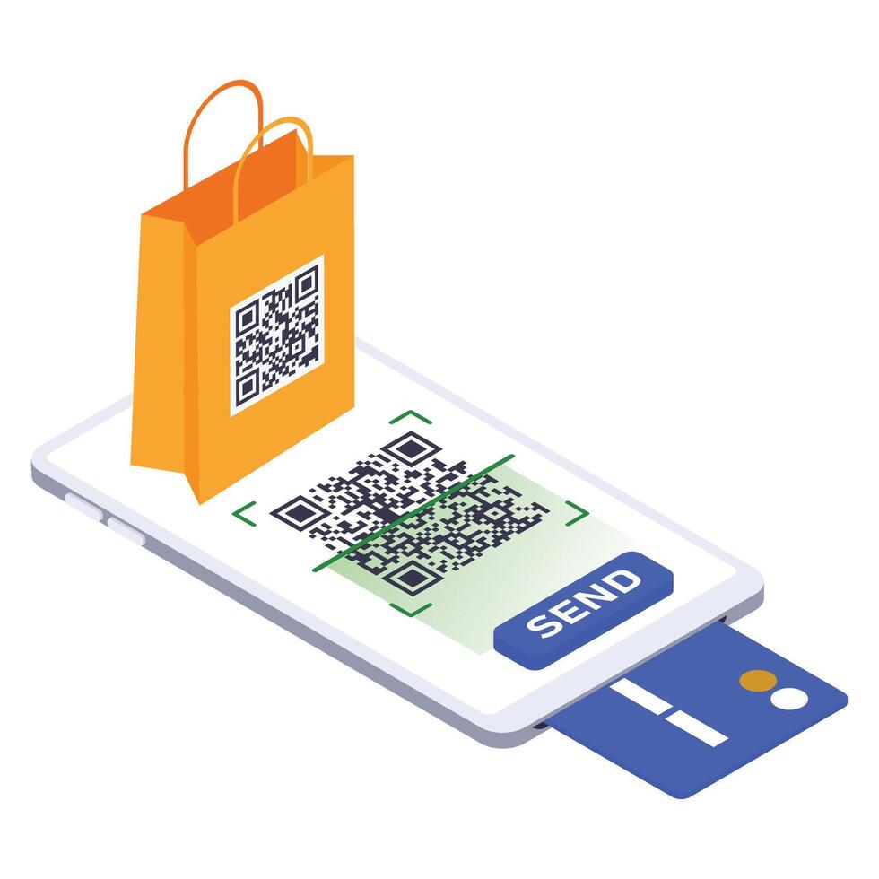 QR code scanned by smartphone with shopping bag, completing a payment. vector