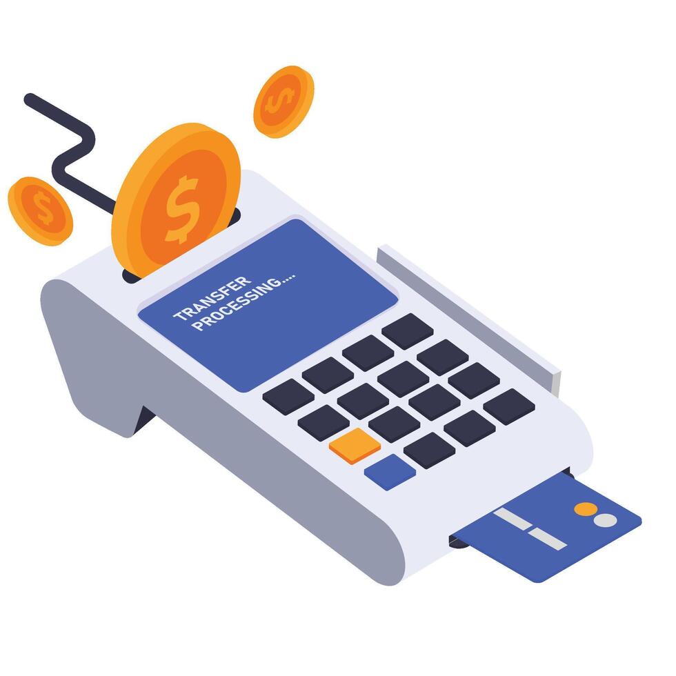 A card is inserted into a POS machine while a transfer is being processed. vector