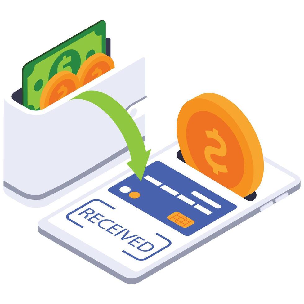 A smartphone displaying RECEIVED while cash and coins are being transferred. vector