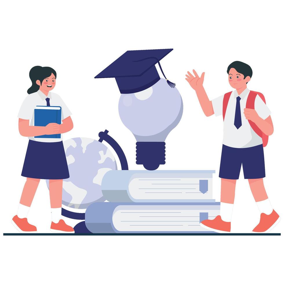 School Children discussing around books and a globe with a graduation cap on a lightbulb, symbolizing knowledge and achievement. vector