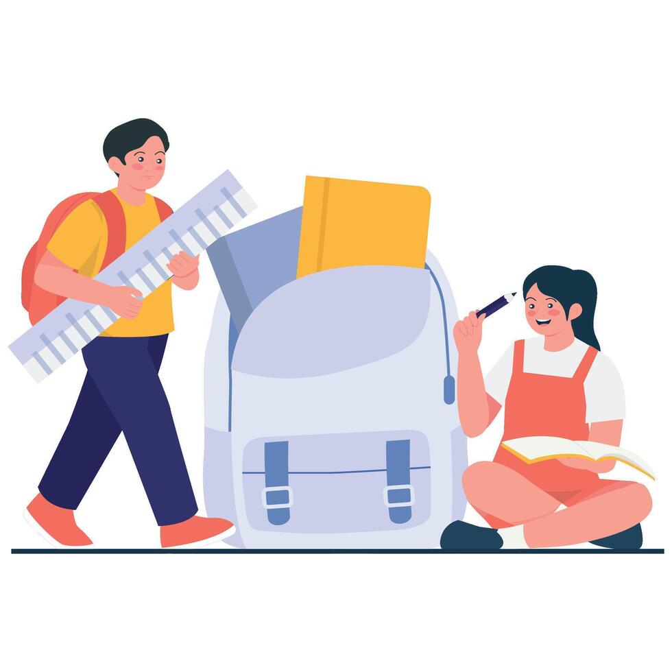 Children organize their supplies beside a large backpack filled with books, ready for the school day. vector