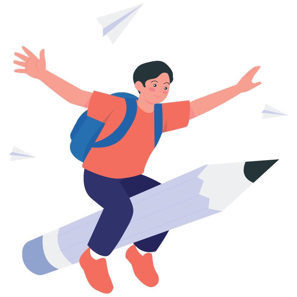 A happy schoolboy flying on a large pencil surrounded by paper planes, symbolizing imagination and creativity in learning. vector