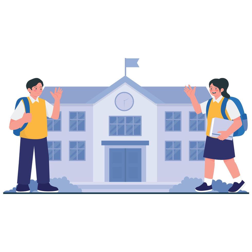 Two cheerful students waving to each other in front of the school building. vector
