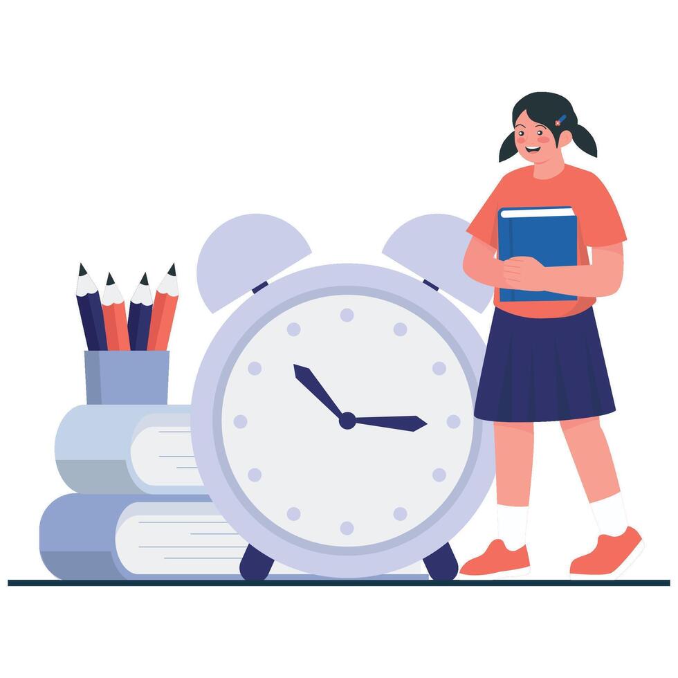 A cheerful schoolgirl stands next to a giant alarm clock and study supplies, ready for a productive school day. vector