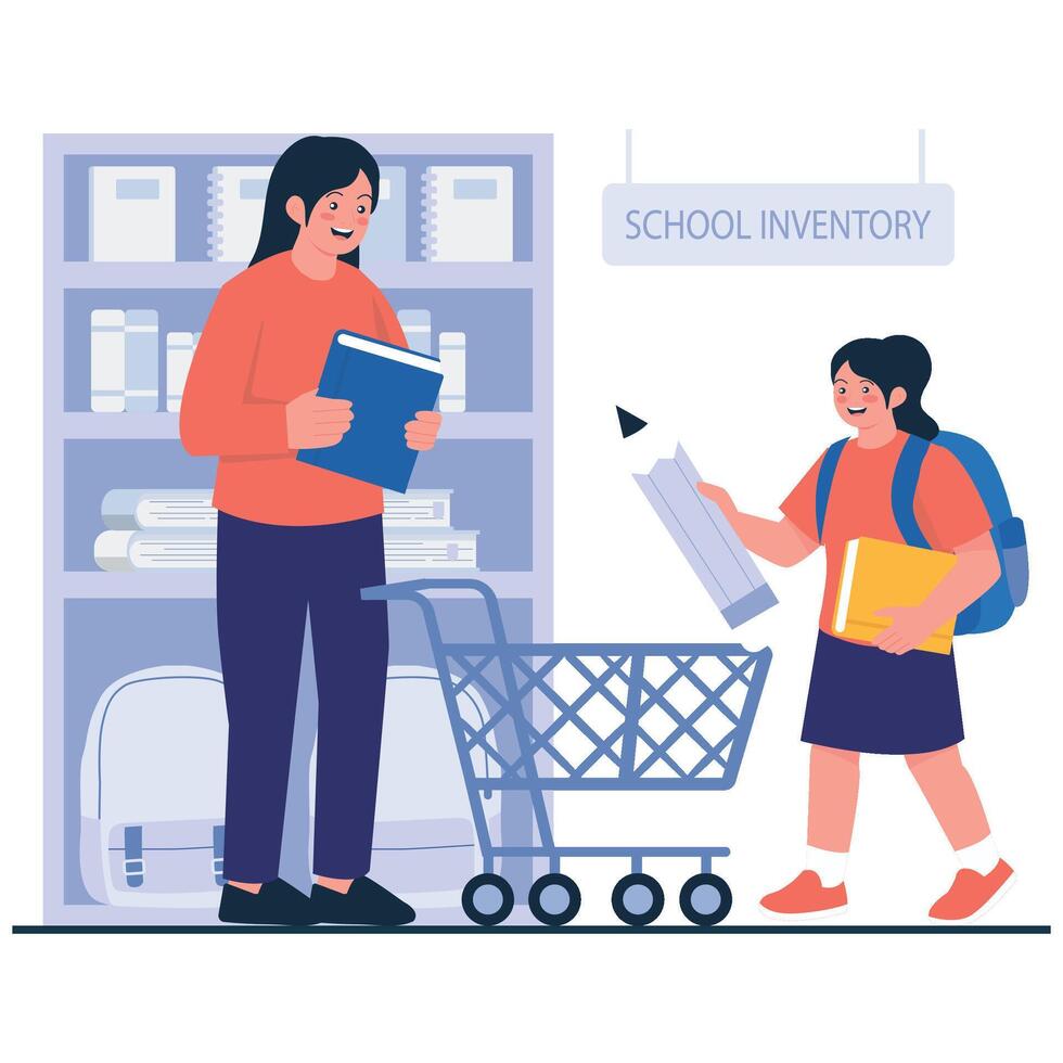 A mother and daughter choose books and stationery together in preparation for the new school semester. vector