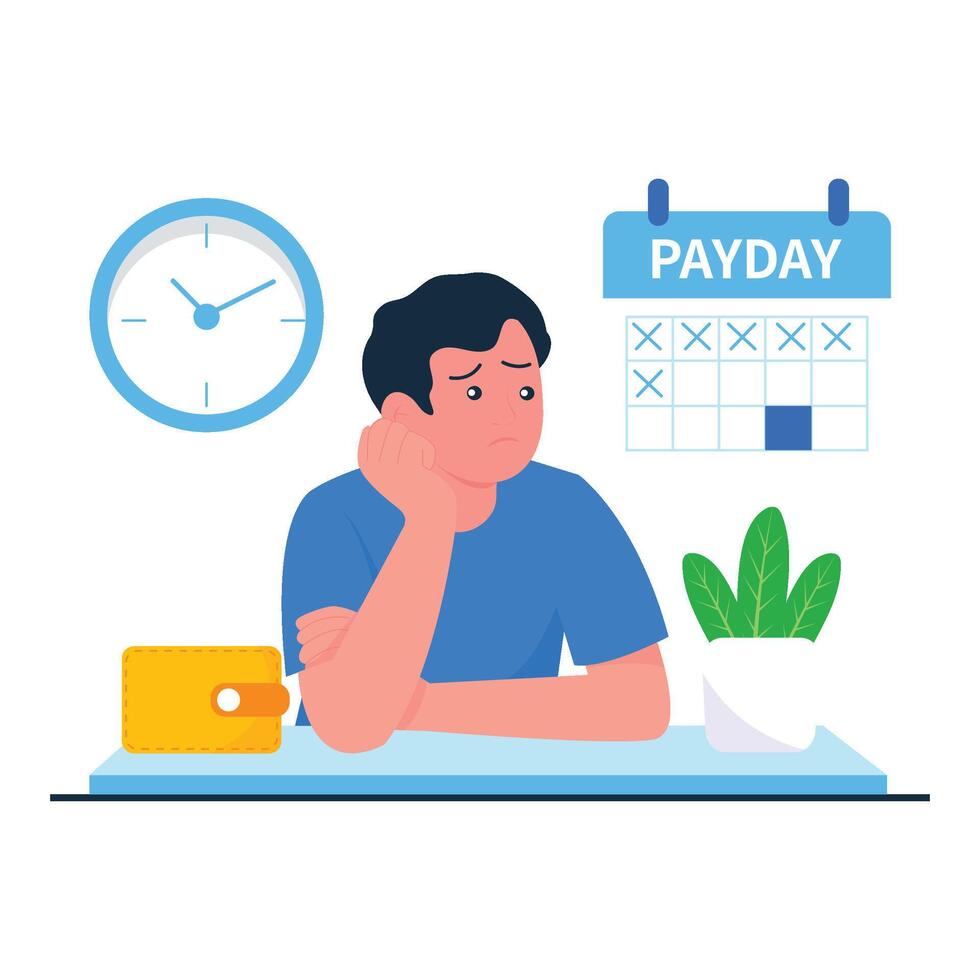 A sad man sits impatiently at his desk, waiting for the next payday on the calendar. vector