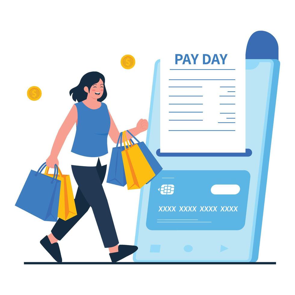 Happy woman walking with shopping bags after receiving her salary on payday using a digital card reader. vector