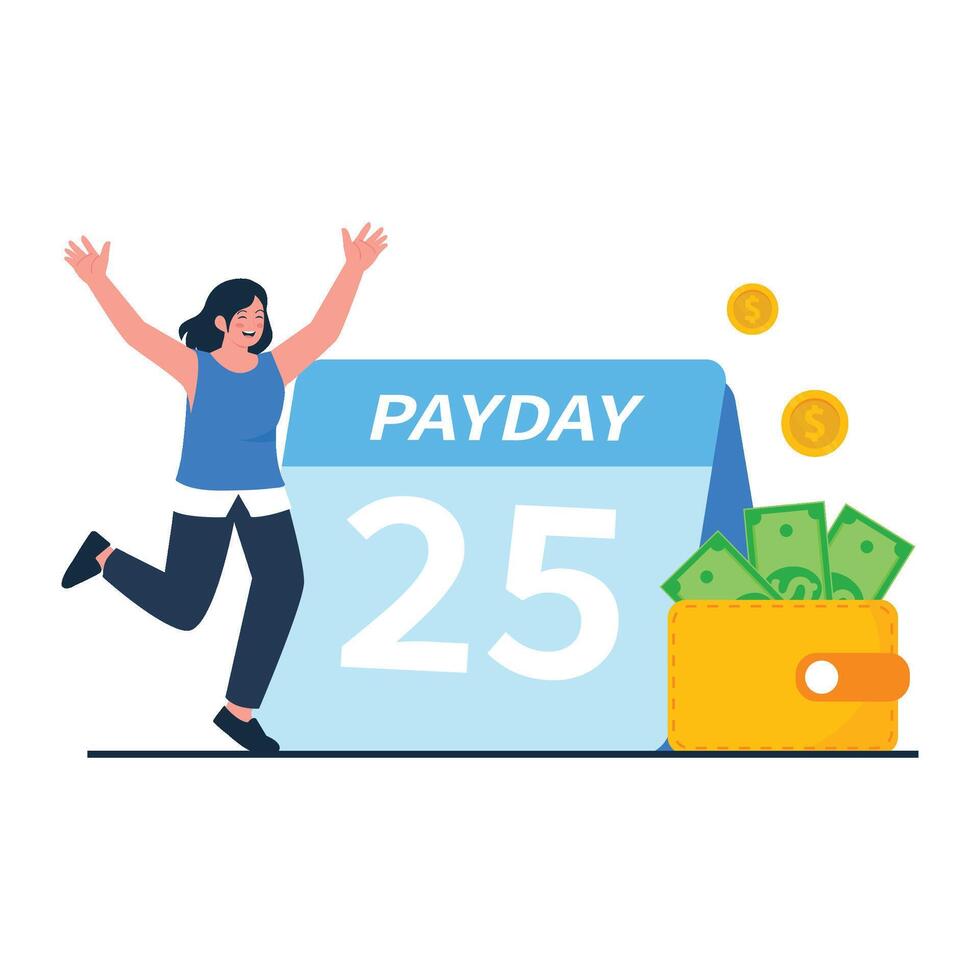 A happy woman jumps with excitement next to a calendar marked payday and a wallet full of cash. vector