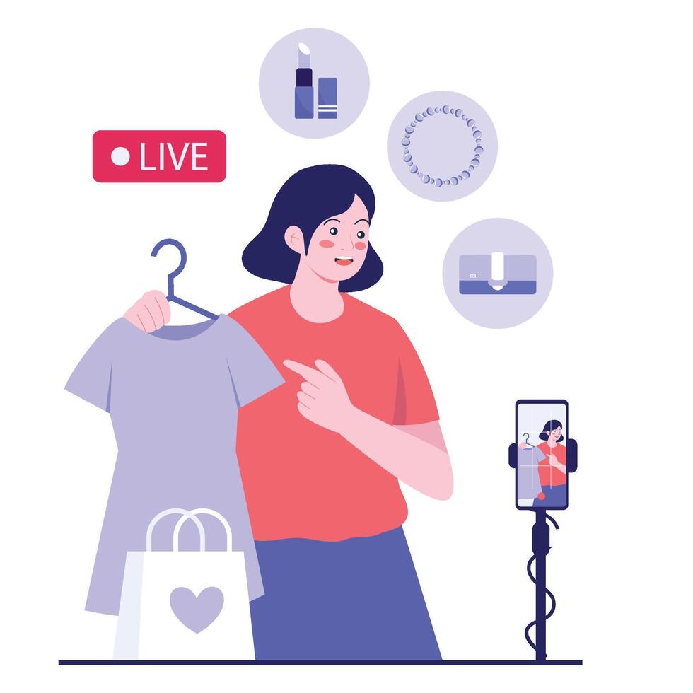 A woman hosts a live shopping session showcasing clothes, beauty products, and accessories. vector