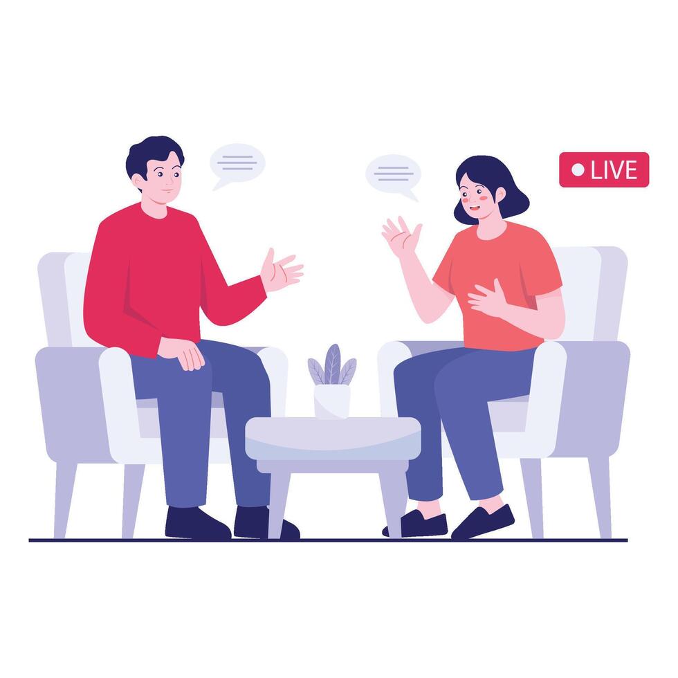 Two people engage in a live-streamed conversation in a talk show-style setup at home. vector