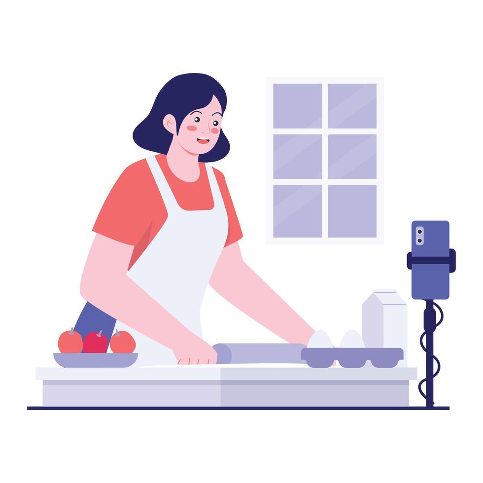 A woman prepares ingredients while filming a cooking for her audience. vector