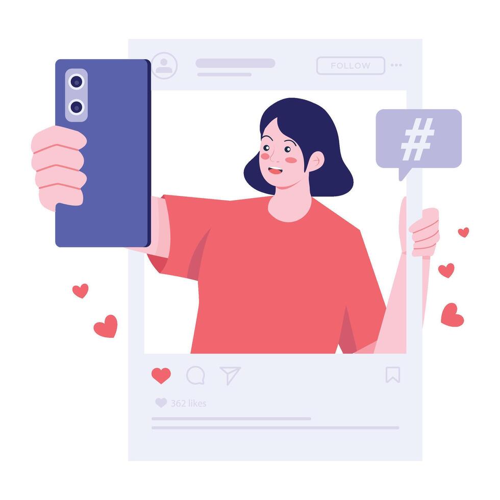A woman takes a selfie inside a social media frame while gaining likes and attention. vector