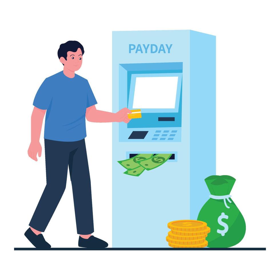 A man withdraws his salary at an ATM machine as cash and coins appear around him. vector