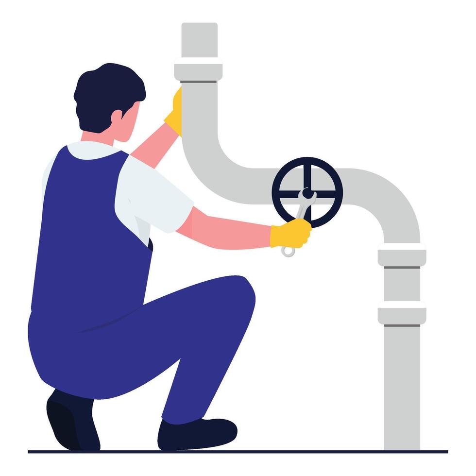 Plumber adjusting a large valve on an industrial pipeline. vector