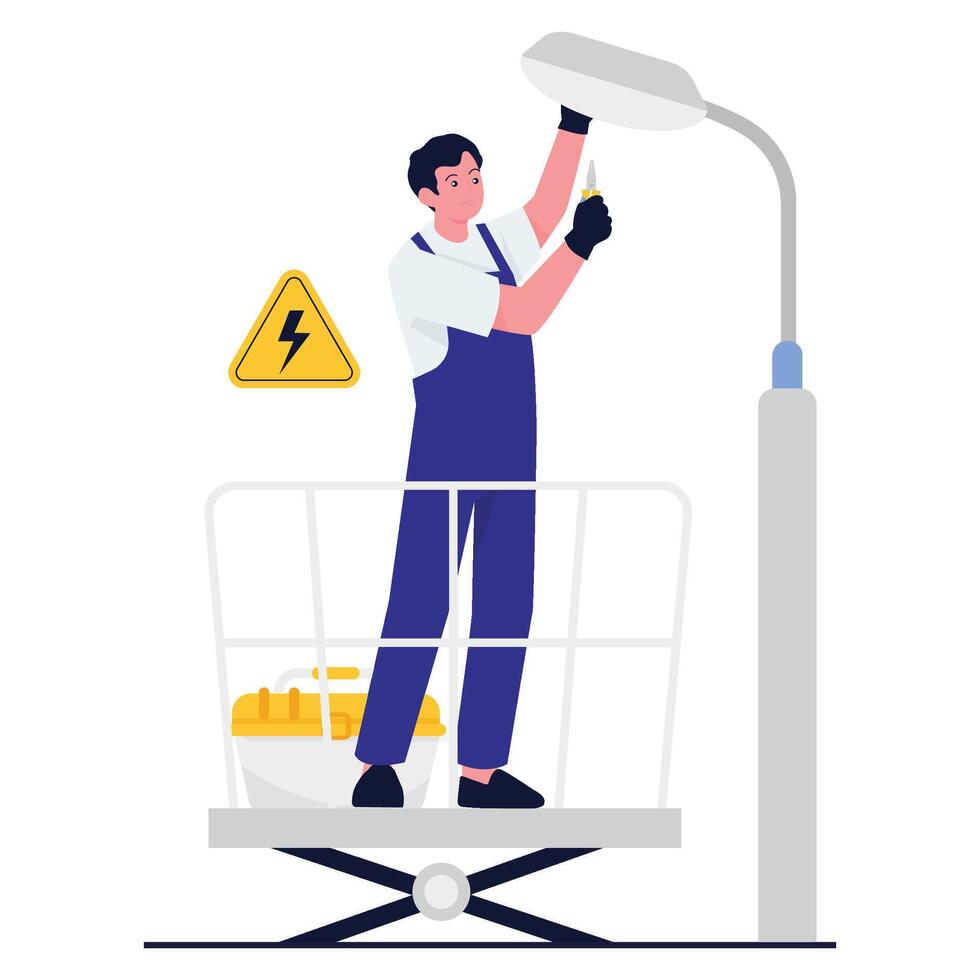 Technician fixing a streetlight on a hydraulic platform with caution sign. vector