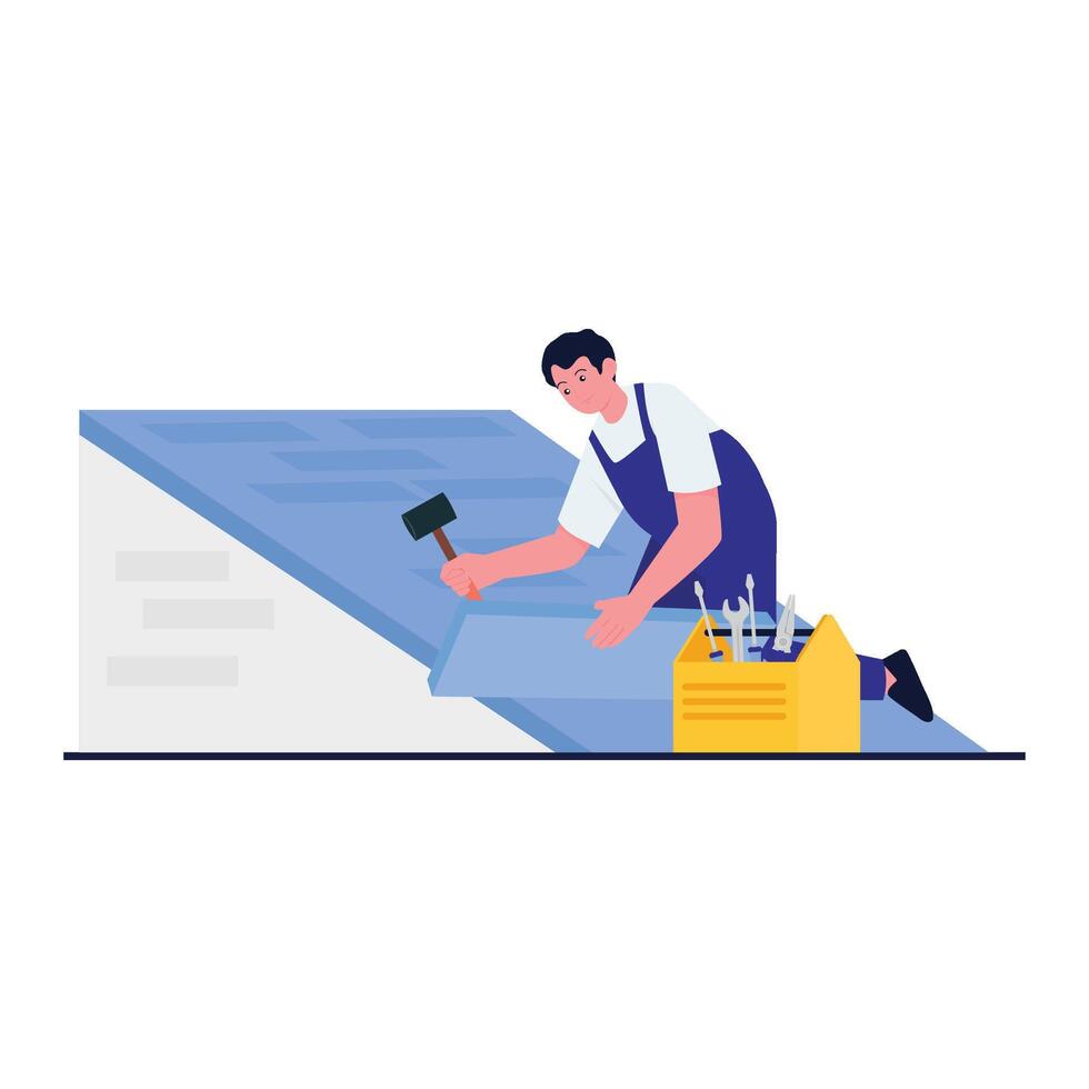 A worker is installing blue floor tiles using a hammer. vector